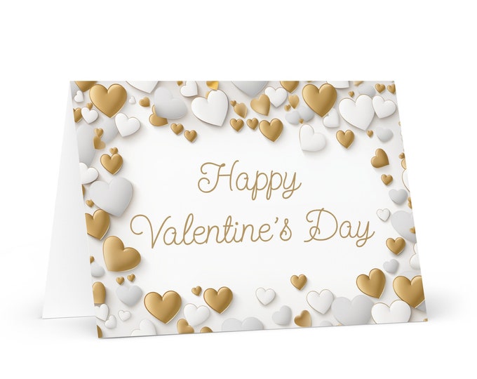 English Happy Valentine's Day card White and Gold Hearts - wish gift happy for loved one spouse girlfriend friend him her mom dad boyfriend