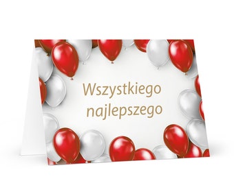 Polish Birthday card - colorful Poland greeting festive wish balloon gift happy for loved one friend him her mom dad brother sister flag