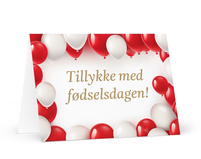 Danish Birthday card - colorful Denmark greeting festive wish balloon gift happy for loved one friend him her mom dad brother sister flag