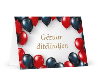 Albanian Birthday card - colorful Albania greeting festive wish balloon gift happy for loved one friend him her mom dad brother sister flag