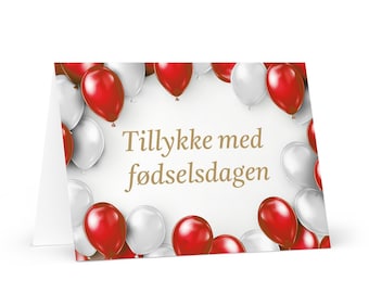 Danish Birthday card - colorful Denmark greeting festive wish balloon gift happy for loved one friend him her mom dad brother sister flag