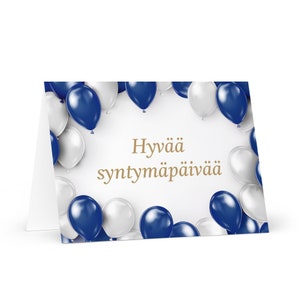 Tarjeta de cumpleaños finlandesa: colorido saludo festivo de Finlandia, globo, regalo, felicidad para un ser querido, amigo, él, ella, mamá, papá, hermano, hermana, bandera