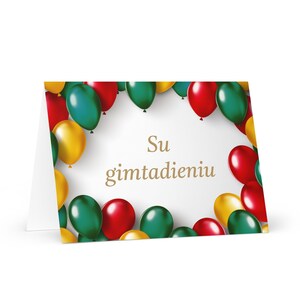 Tarjeta de cumpleaños de Lituania: colorido saludo festivo de Lituania, globo, regalo, feliz para un ser querido, amigo, él, ella, mamá, papá, hermana, bandera