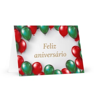 Tarjeta de cumpleaños portuguesa: colorido saludo festivo de Portugal, globo de regalo, feliz para un ser querido, amigo, él, ella, mamá, papá, hermano, hermana