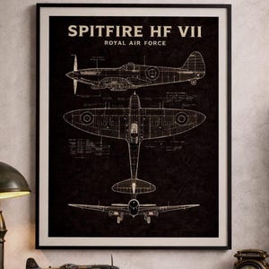 Spitfire Blackprint Poster: WW2 Aircraft Wall Art, Gift for Aviator (Digital Download)