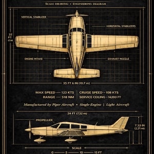 Puede incluir: Esquema técnico de un avión Piper PA-28 Cherokee. El dibujo muestra vistas superior y lateral con medidas en metros. Incluye detalles como el estabilizador vertical, la entrada de aire del motor y la hélice. La velocidad máxima es de 123 nudos.