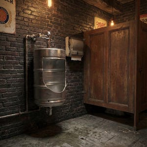 May include: A unique bathroom design featuring a stainless steel beer keg urinal against a dark brick wall. The room includes wooden stall doors, exposed pipes, and vintage beer signs, creating a rustic, industrial aesthetic.