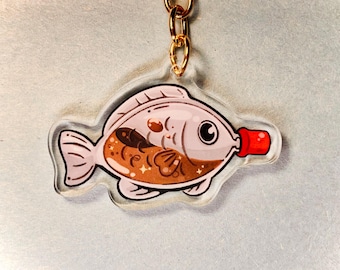 Portachiavi acrilico a doppia faccia, pesce con salsa di soia, sushi, carino, oro