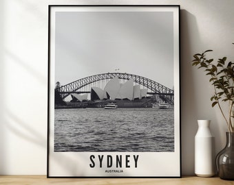 DIGITALE DOWNLOAD Sydney-print, stadsposter in zwart-wit | DIRECT downloaden van 5 afdrukformaten | Afdrukbare muurkunst, reisafdruk