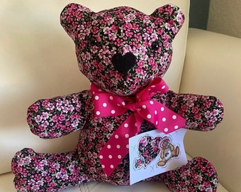 Handmade 12in  floral teddy bear w matching print blank notecard/Introducing Ms Polka Pink