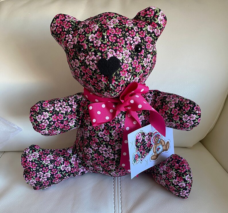 Handmade 12in floral teddy bear w matching print blank notecard/Introducing Ms Polka Pink image 2