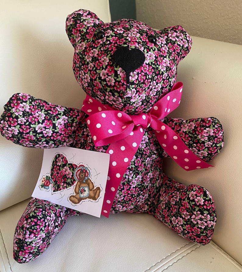 Handmade 12in floral teddy bear w matching print blank notecard/Introducing Ms Polka Pink image 3