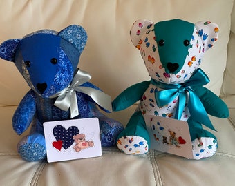 Handmade 12 in teddy bear/Blue patchwork/Green paw prints/with blank matching notecard