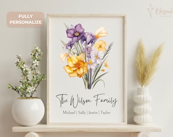Birth Flower Family Bouquet, Birth Flower Wall Art, Custom Birth Month Flower Digital Print, Personalized Gift For Mom, Digital Download