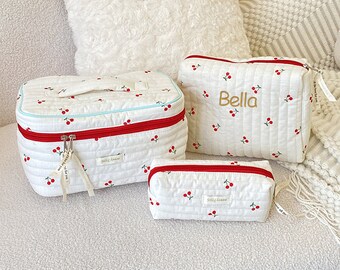 Cute Red Cherry Quilted cotton Large Handle Makeup Bag, Cosmetic bag,Cute Pencil Case, Personalized Embroidery Makeup Bag