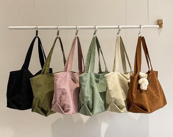 Klassieke minimalistische bruin roze groen wit corduroy Tote, grote capaciteit Tote Bag, Essentials Shouder tas, gepersonaliseerde borduurwerk Tote Bag