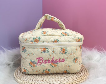 Retro abrikozenbloesem bloemen gewatteerde handgreep grote make-up tas, cosmetische tas, make-up tas met grote capaciteit, gepersonaliseerde borduurwerk make-up tas