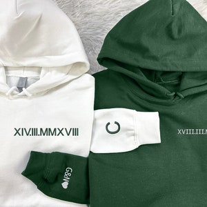 Roman Numeral Anniversary Hoodies, Embroidered Initial Heart On Sleeve Hoody, Personalized Memorial Date Couple Hoody, Special Gifts For Him