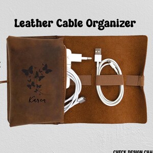 Personalized Leather Travel Cable Organizer Bag, Travel Electronics Accessories Bag, Leather Travel Tech Organizer, Charger Travel Organizer