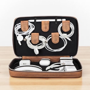 Leather Travel Cable Organizer Bag, Zippered Tech Pouch for Chargers (Personalized)