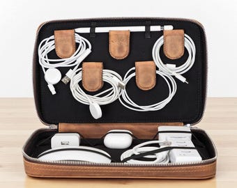 Leather Travel Cable Organizer Bag, Zippered Tech Pouch for Chargers (Personalized)