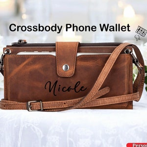 Portefeuille en cuir pour femme avec compartiment pour téléphone, Portefeuille personnalisé avec bandoulière en cuir, Petits sacs à bandoulière en cuir pour femme
