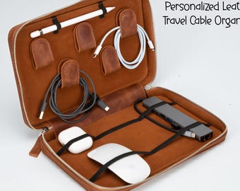 Personalized Leather Electronics Organizer Bag, Zippered Tech Pouch for Chargers