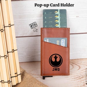 Porta carte di credito in pelle con meccanismo di protezione RFID personalizzato, portafoglio sottile in pelle da donna Star Wars, porta carte di credito meccanico a scomparsa minimalista