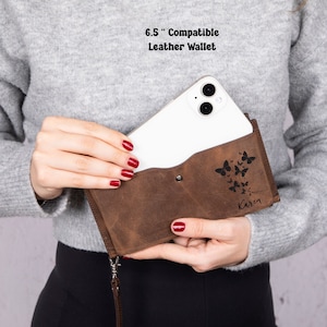 Cartera delgada de cuero personalizada para teléfono, cartera de cuero con compartimento para teléfono, bolso pequeño de cuero con colgante, cartera con sobre para efectivo.