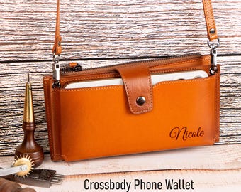 Portafoglio in pelle con scomparto per cellulare, borsa a tracolla per cellulare, scomparti per carte e tracolla regolabile.