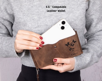 Cartera delgada de cuero personalizada para teléfono, cartera de cuero con compartimento para teléfono, bolso pequeño de cuero con colgante, cartera con sobre para efectivo.