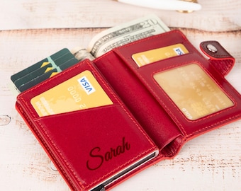 Minimalist Slim PopUp Genuine Leather Wallet, Custom Magnetic Slim Leather Rfid Card Holder Women, Personalized Leather Men Wallet