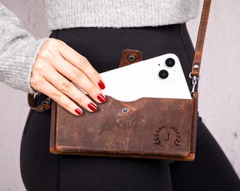 Personalized Leather Crossbody Phone Wallet for Women – Small Wallet Purse with Strap, iPhone & Card Holder, Genuine Leather Cell Phone Bag