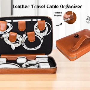 Personalized Travel Electronics Accessories Bag, Leather Tech Organizer, Custom Travel Cable Organizer Bag, Personalized Tech Travel Case