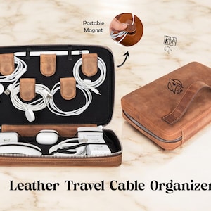 Personalizable Cable Organizer Travel Case, Travel Electronics Accessories Bag, Leather Tech Organizer, Custom Travel Cable Organizer Bag