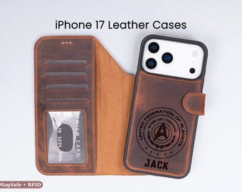 Custom Engraved Sci-Fi Leather Wallet Case for iPhone 17 Pro, Personalized MagSafe RFID Cover