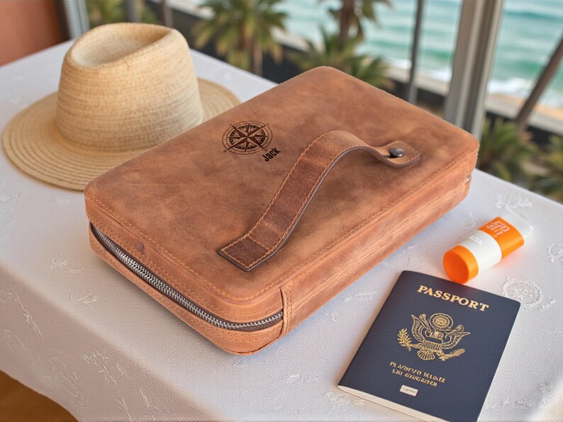 Leather Travel Cable Organizer Bag, Zippered Tech Pouch for Chargers (Personalized)