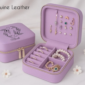 Genuine Leather Jewelry Case Personalized, Custom Name Travel Jewelry Box, Leather Jewelry Travel Case, Birth Flower Jewelry Organizer