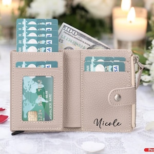 Cartera de cuero personalizada para mujer, cartera minimalista emergente, cartera delgada personalizada para mujer, cartera de cuero RFID para mujer, cartera emergente para tarjetas de crédito