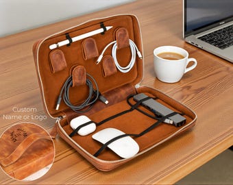 Leather Travel Tech Organizer, Personalized Cable and Charger Pouch