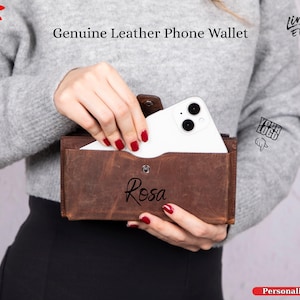 Cartera de cuero personalizada para mujer con compartimento para teléfono, cartera de cuero personalizada para mujer, cartera de cuero con sobre para efectivo, cartera para teléfono para mujer