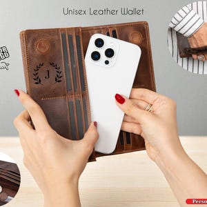 Personalized Leather Wallet with Phone Pocket, Zipper Coin Pouch Wallet Leather, Custom Leather Phone Wallet Women, Card Holder Mens Wallet