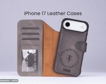Personalized iPhone 17 Folio Wallet Case, Detachable Leather MagSafe Cover with Stand