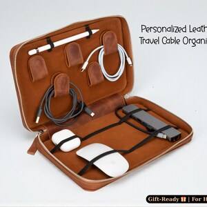 Leather Travel Cable Organizer Bag, Zippered Tech Pouch for Chargers (Personalized) image 18