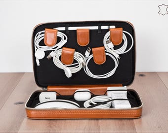Personalized Leather Tech Organizer, Travel Cable and Charger Case