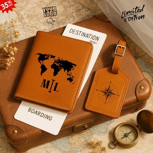 Personalized Passport Holder & Luggage Tag Set, Honeymoon or Wedding Gift, Custom Travel Accessories, Leather Passport Cover Personalized