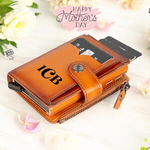 Personalized Leather Wallet Women, Custom Birth Flower Womens Wallet, Leather Wallet Gift for Mom, Minimalist Pop Up Rfid Leather Wallet