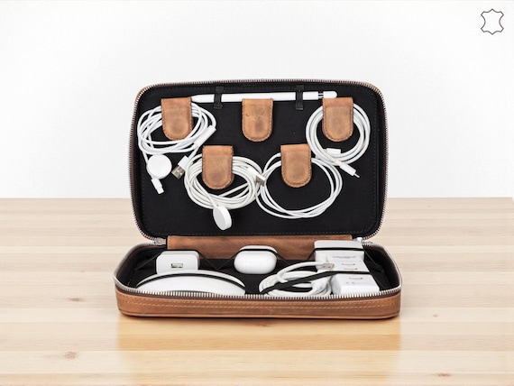 Leather Travel Cable Organizer Bag, Zippered Tech Pouch for Chargers (Personalized)