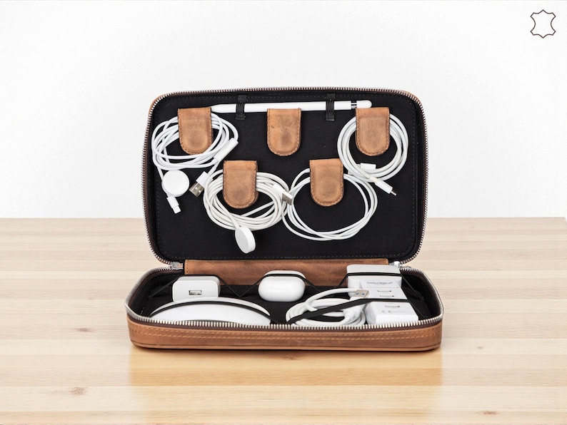 Leather Travel Cable Organizer Bag, Zippered Tech Pouch for Chargers (Personalized)