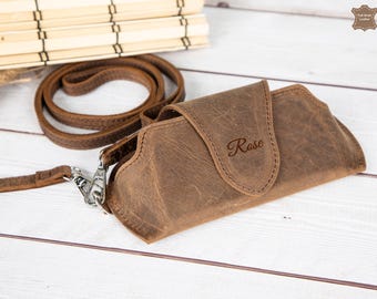 Personalized Leather Glasses Case with Strap | Engraved Sunglasses Pouch | Monogrammed Eyewear Sleeve